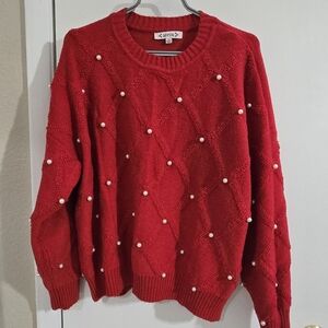 Red Sweater with Pearl Accents